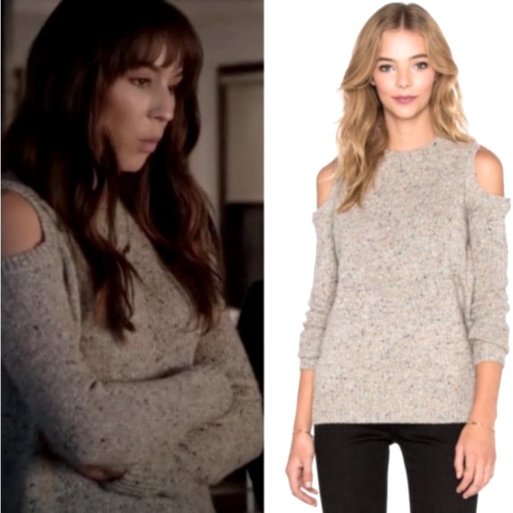 Rebecca Minkoff Marled Charcoal Knit Alpaca Wool Cold Shoulder V-Neck Sweater - Picture 5 of 13
